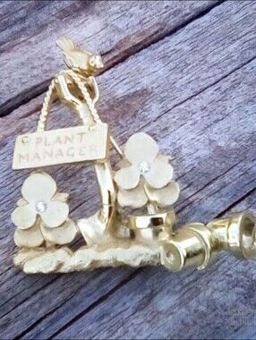 A.J.C. Plant Manager Brooch Pin Vintage Gold Tone Gardener Figural Signed